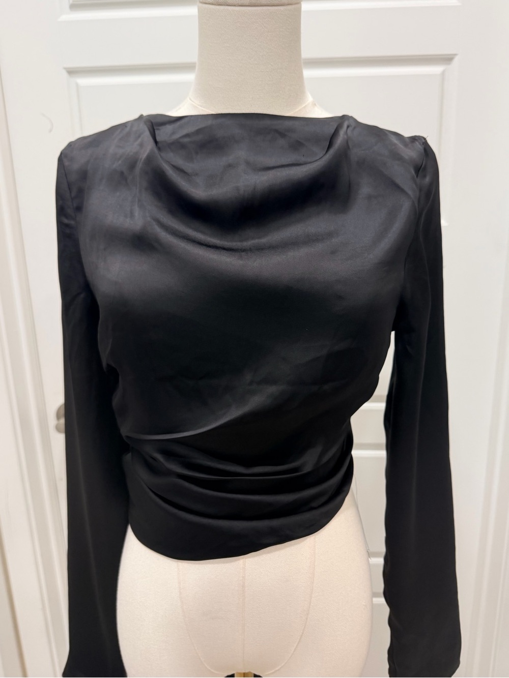 Zara Black Satin Drape Neck Long Sleeve Open Back Top NWT - Picture 2 of 6
